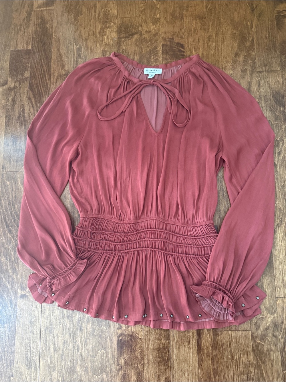 Current Air Brick Red Tie-Neck Smocked Peasant Blouse